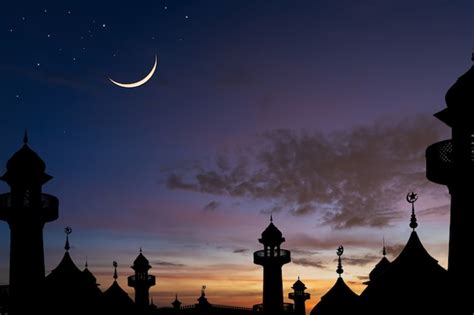 Premium Photo Dome Mosques Silhouette On Dusk Sky And Crescent Moon