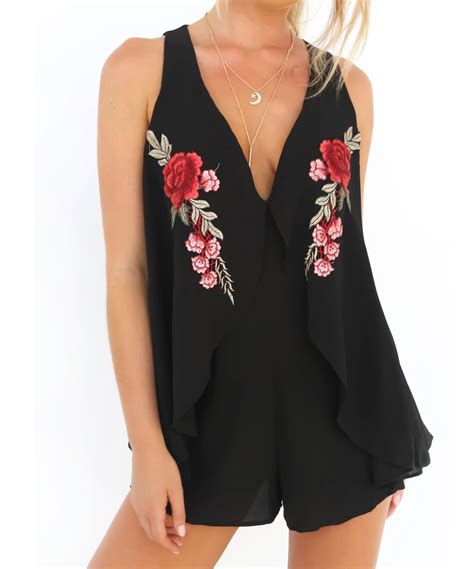 Sexy Black Low Cut Embroidered Jumpsuit On Luulla