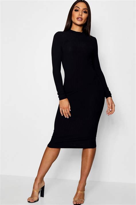 ribbed high neck long sleeved midi dress long sleeve midi dress black long sleeve midi dress