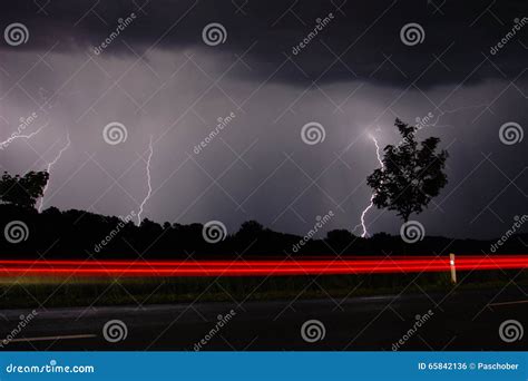 Storm And Lightning At Night I On The Road Stock Photo Image Of