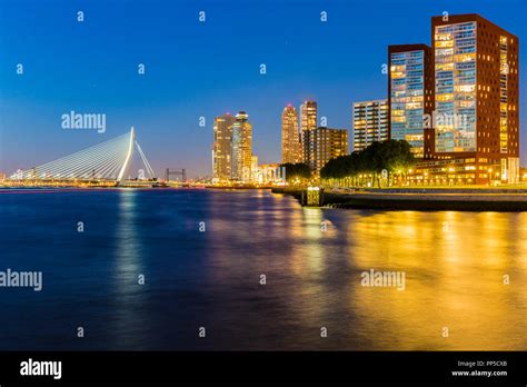 Awesome Night Panoramic View Of The Erasmus Bridge In The City And