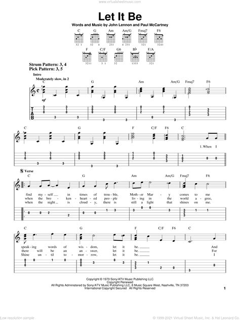 Each pitch correlates with a specific fret on the guitar. Beatles - Let It Be sheet music (easy) for guitar solo (easy tablature)