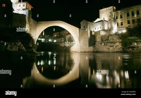 Stari Most The Old Bridge Over The Neretva River Is Illuminated At