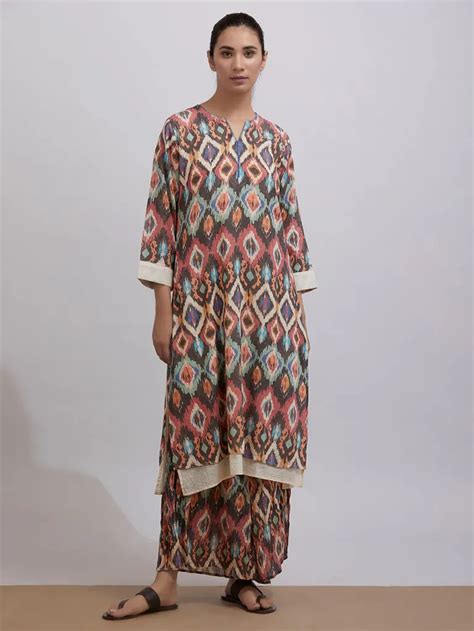 Buy Multicolor Ikat Cotton Double Layered Kurta Online At Theloom
