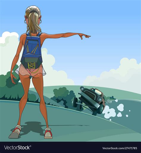 Cartoon Sexy Girl Stops Raced Car In Front Vector Image