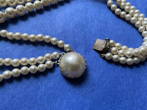 Vintage 3 Strand Graduated Faux Pearl Necklace Stamped Hong Kong 195