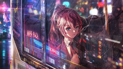 1920x1080 Anime Girl Bus Window Neon City 4k Laptop Full Hd 1080p Hd 4k Wallpapers Images