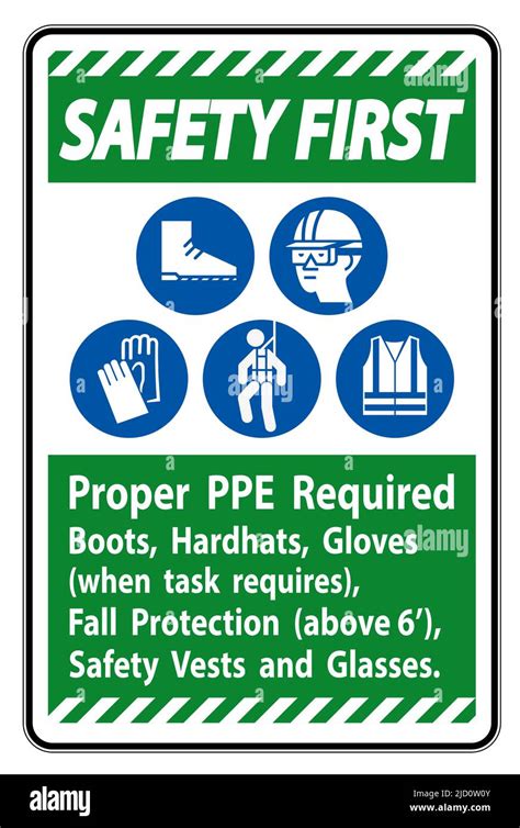 Safety First Sign Proper Ppe Required Boots Hardhats Gloves When Task