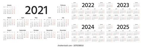 Calendar 2021 2022 2023 2024 2025 Stock Vector Royalty Free