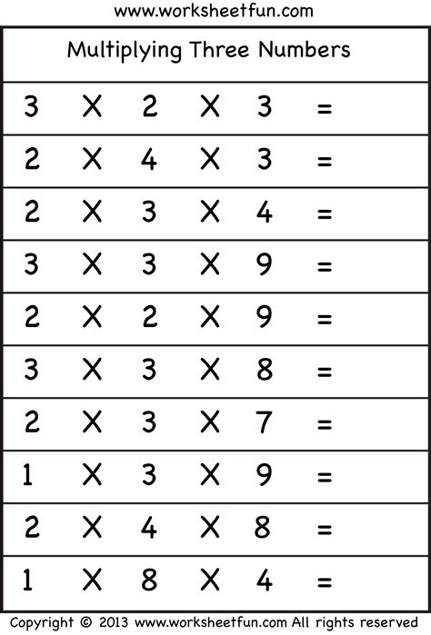 Download our new 3rd grade worksheets. Multiplying 3 Numbers - Three Worksheets / FREE Printable ...