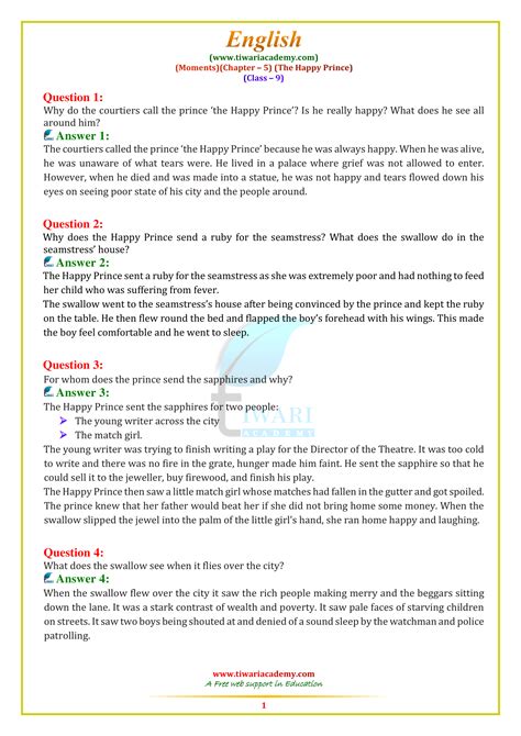 Ncert Solutions For Class 9 English Moments Chapter 5 The Happy Prince