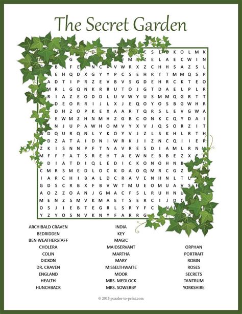A Word Search Puzzle To Use While Reading The Secret Garden By Frances