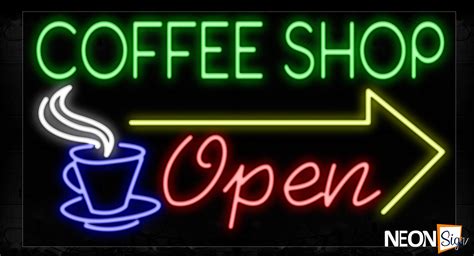 Opening times for cafes & coffee shops near your location. Coffee Shop Open With Arrow And Mug Logo Neon Sign ...