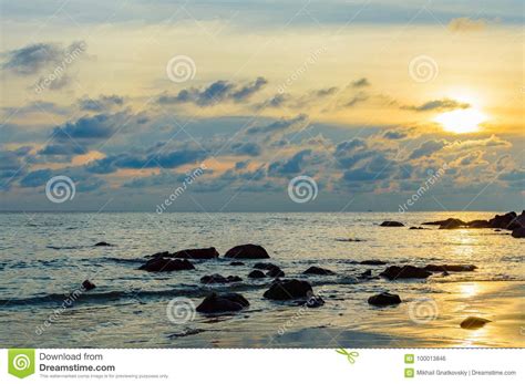Golden Sunrise Sunset Over The Sea Ocean Waves Stock Photo Image Of