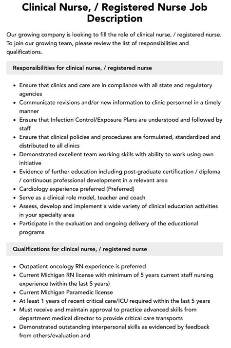 Clinical Nurse Registered Nurse Job Description Velvet Jobs