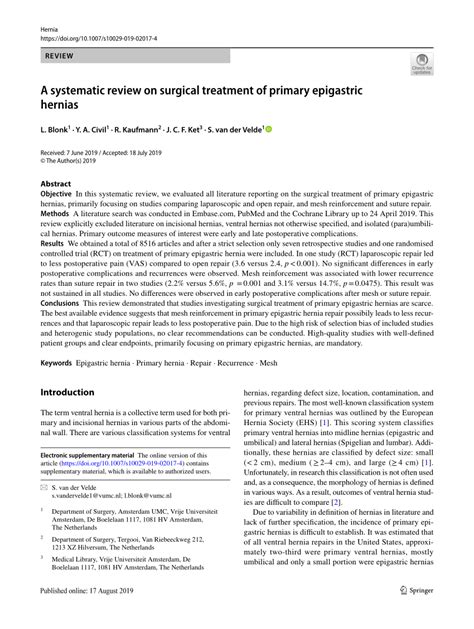 Pdf A Systematic Review On Surgical Treatment Of Primary Epigastric