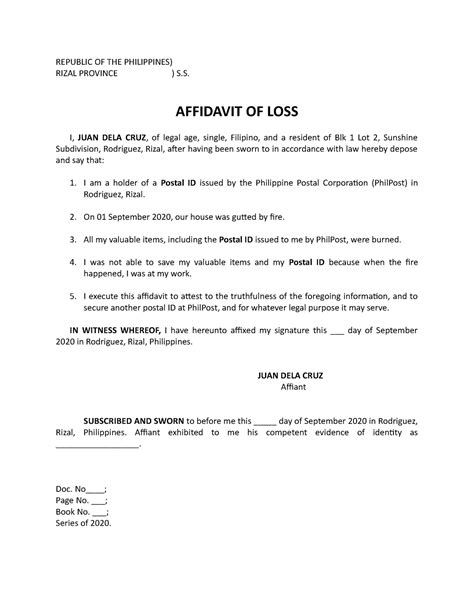 Sample Affidavit Of Loss Postal ID REPUBLIC OF THE PHILIPPINES RIZAL PROVINCE S AFFIDAVIT