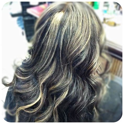 The one on the left has subtle grey colors and looks great. Blonde highlights black hair color | Hair by me ...