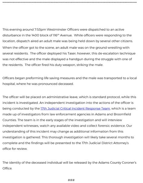 Updated Information - Officer Involved Shooting