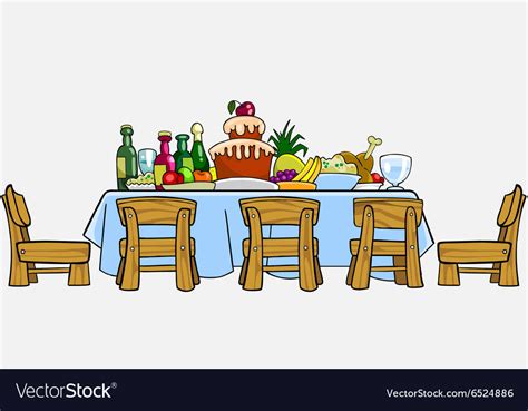 Cartoon Table With Chairs And Cluttered Food Vector Image