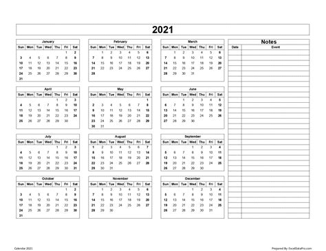 Printable Yearly Calendar 2021 With Notes Free Letter Templates