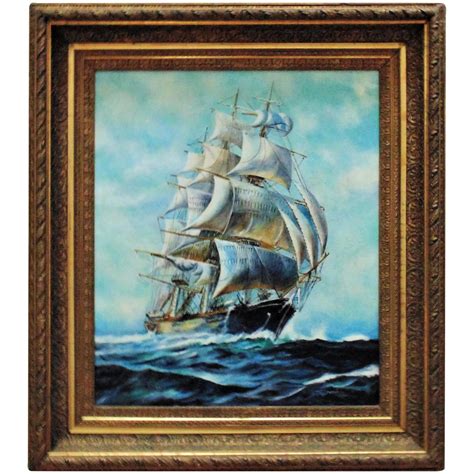 Large Antique Clipper Ship Painting Sailing Seascape Oil On Canvas