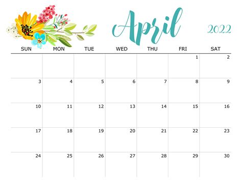Cute April 2022 Calendar Printable Floral Designs