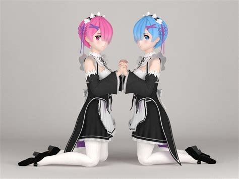 Ram And Rem Anime Girls Pose 03 3d Model Cgtrader