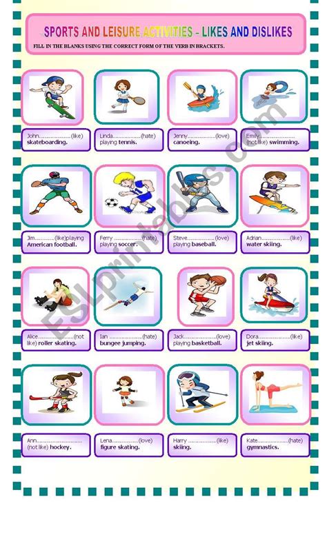 Sports And Leisure Activities Likes And Dislikes Esl Worksheet By