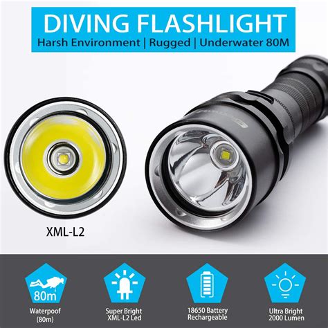 Genwiss Scuba Diving Flashlight Dive Torch 2000 Lumen Waterproof