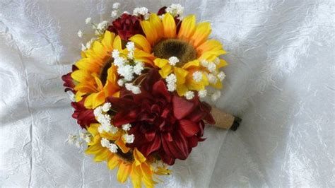 Sunflower Deep Red Dahlia Babys Breath Bridal Bridesmaids Fall