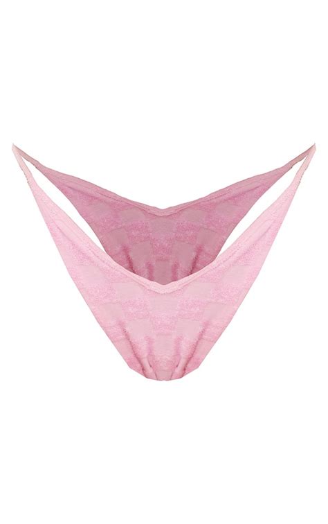 Pink Towelling Check Bikini Bottom Prettylittlething Uae