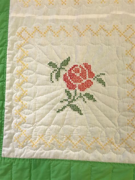 Vintage Rose Quilt Hand Cross Stitched And Quilted Pre Stamped Etsy