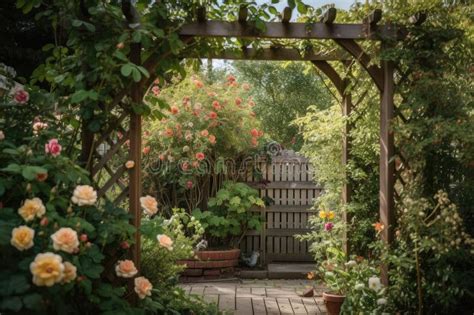 Wooden Trellis With Climbing Roses And Vines On Fence In Garden Stock
