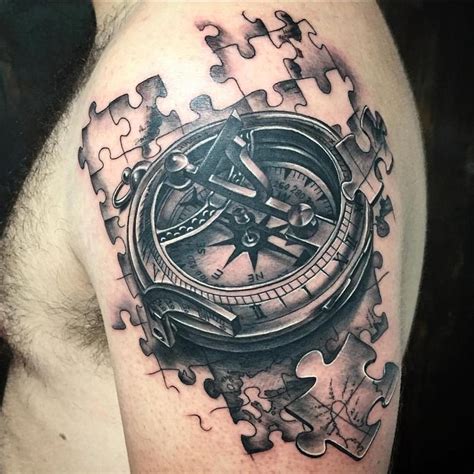Realistic Compass With Jigsaw Pieces In Black And Gray By