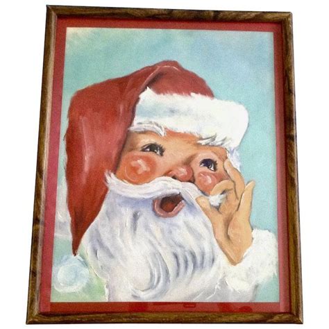 Mid Century Adorable Santa Claus Christmas Oil Painting In Frame