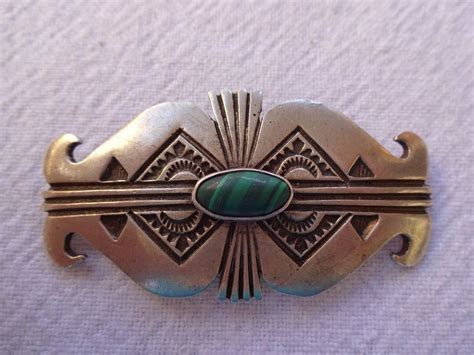 Signed Vintage Navajo Hand Stamped Sterling Silver Green Malachite
