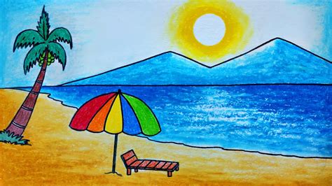 How To Draw A Sea Beach Scenery Easy Summer Season Scenery In Sea