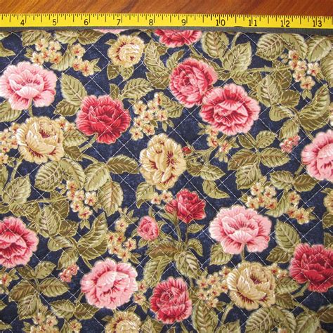 Pre Quilted Fabric Half Meter Cut Roses Design Navy Blue