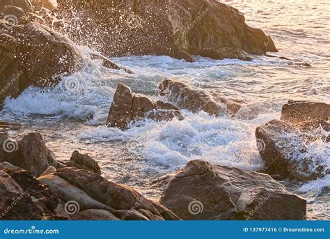 Sea Waves Crashing On Coastal Rocks In The Rays Stock Photo Image Of