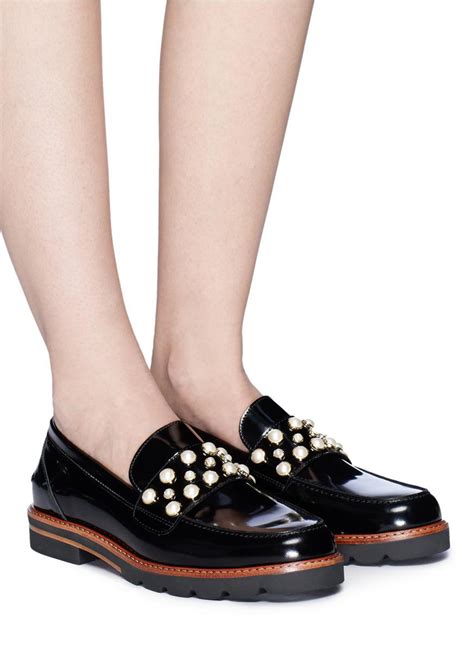 Stuart Weitzman Moc Pearl Embellished Spazzolato Leather Loafers In