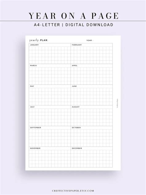 Yearly Planner Printable Template Year At A Glance Annual Etsy