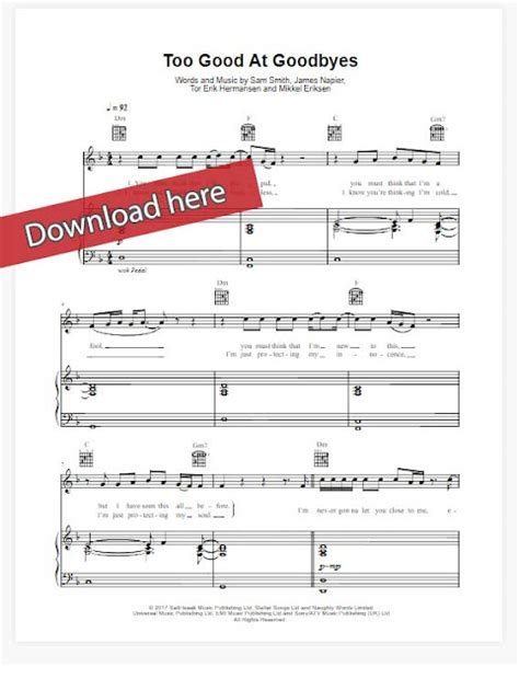 Sam Smith Too Good At Goodbyes Piano Sheet Music Notes Chords