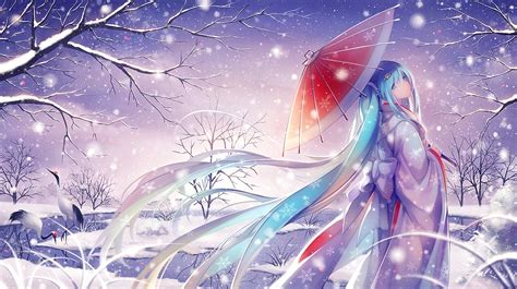 Trees Forest Illustration Long Hair Anime Anime Girls Portrait Display Sky Snow Clouds