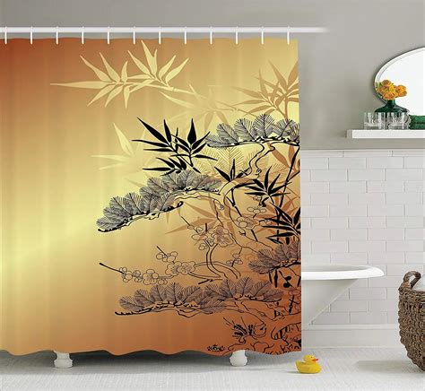 Japanese Shower Curtain Asian Branches Bamboo Motifs Showy Fragrant Leaves Nature Illustration