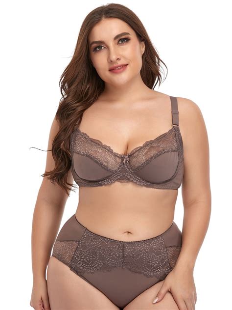 Unlined Lace Bra And Panties Set Plus Size D Cup Underwear Underwire
