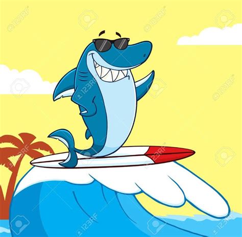 A Cartoon Shark Riding On Top Of A Surfboard