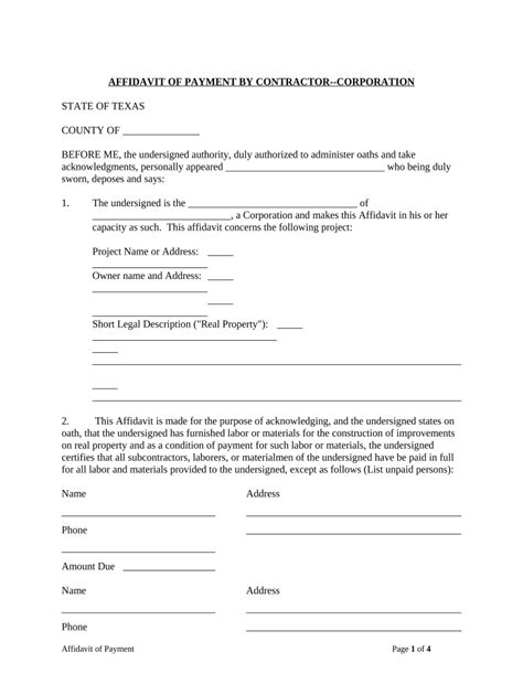 Affidavit Of Payment By Contractor Mechanics Liens Corporation Or Llc