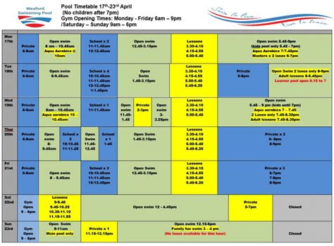 Pool Schedules 2023 Wexford Swimming Pool