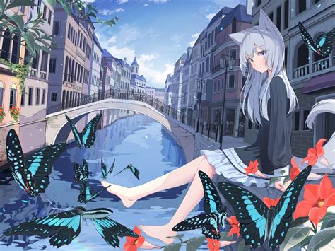 Animal Ears Building Butterfly City Clouds Dress Flowers Gray Hair Long